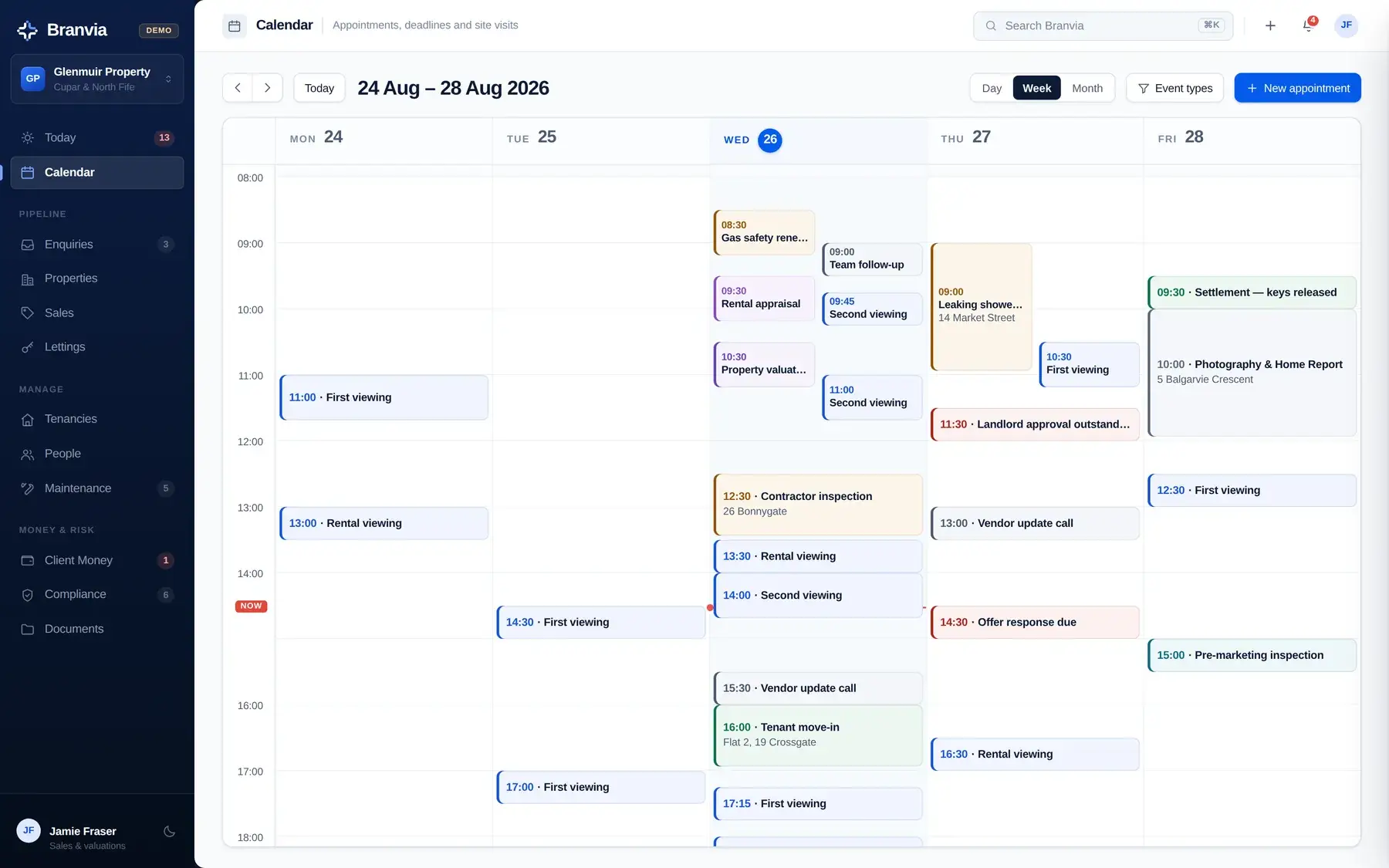 Branvia Calendar week view — colour-coded valuations, viewings, inspections, contractor visits and deadlines laid out across the working week with a current-time marker