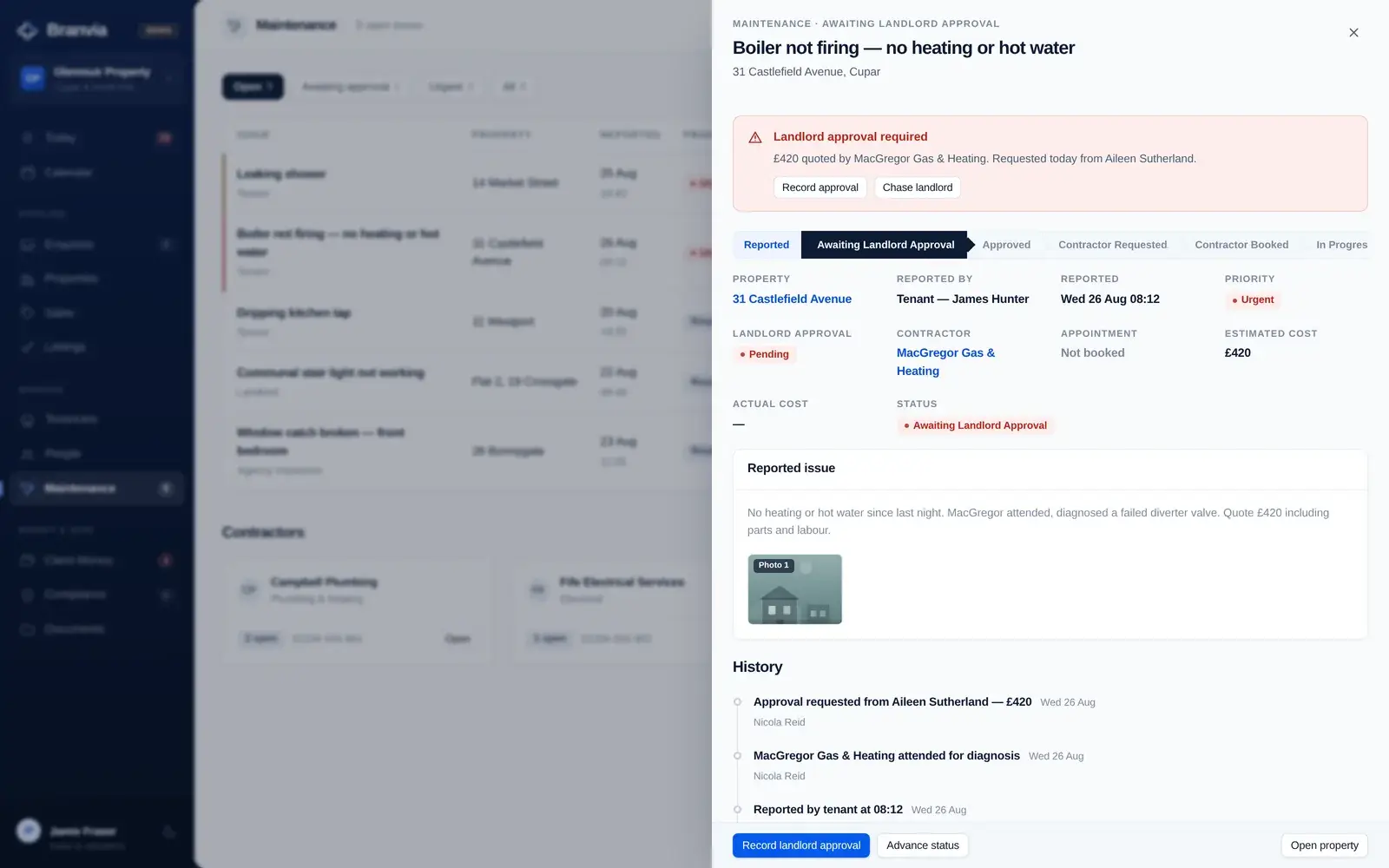 Branvia maintenance issue — status chain across the top, landlord approval pending on a quoted boiler repair, with the reported issue, contractor and dated history