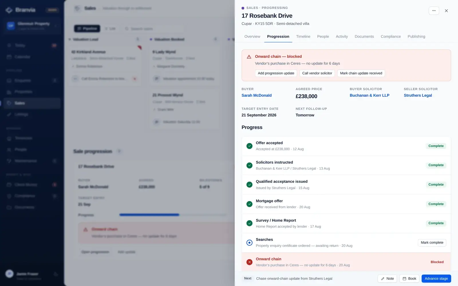 Branvia sale progression — milestone list for a property showing completed steps, an active step and an onward chain marked blocked, with both solicitors and the target entry date