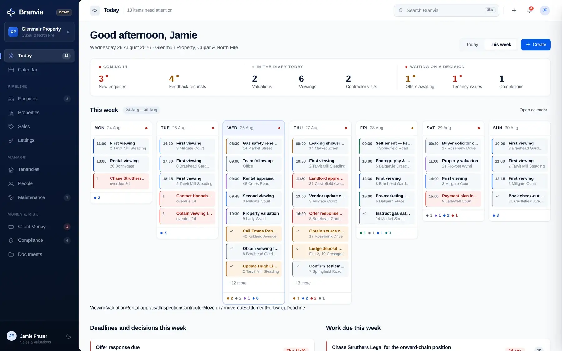Branvia This week — seven day columns with appointments and tasks, plus deadlines and decisions listed separately below