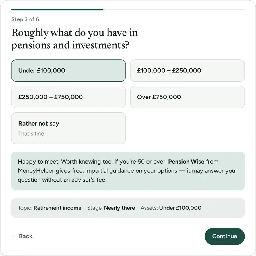 An enquiry qualification step designed by Central Systems, asking roughly what the visitor holds in pensions and investments, with a note pointing people with smaller amounts towards free Pension Wise guidance, and a running summary of their answers.