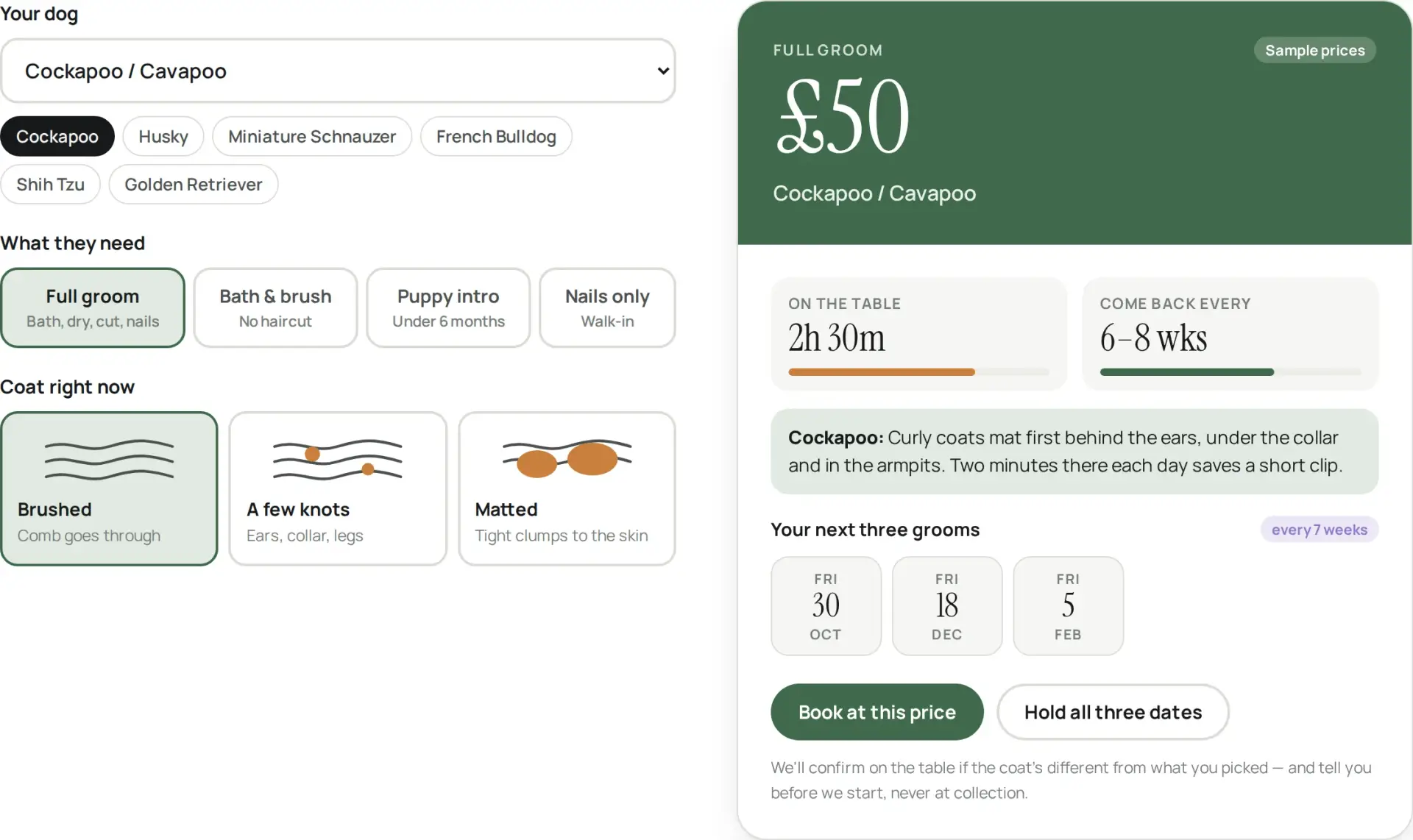 A grooming price tool designed by Central Systems: the owner picks their breed, the service and the current state of the coat, and the panel returns a price, the time the dog will be on the table, how often to come back, and the next three appointment dates.