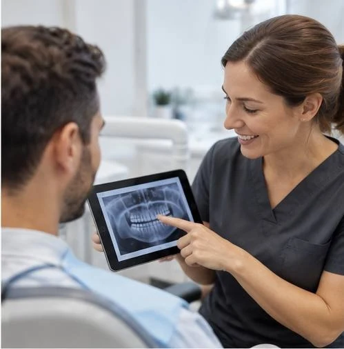 A dentist holding a tablet showing an x-ray, turning the screen towards the patient sitting beside her so they can both look at it.