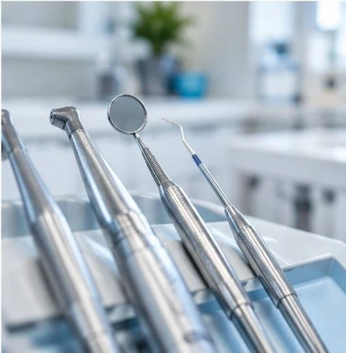 Sterilised dental instruments laid out on a tray, photographed close in shallow focus.