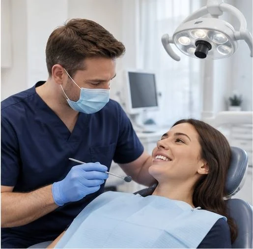 A dentist sitting level with a patient in the chair, both of them talking rather than working, with the instruments out of shot.