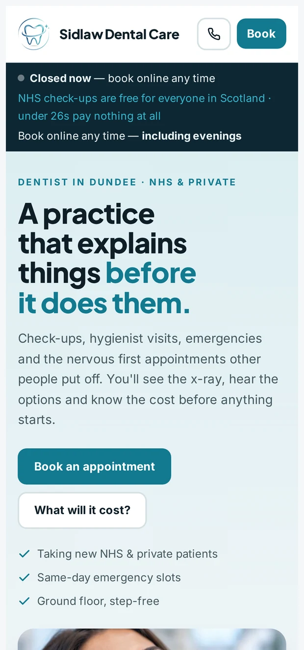 The same homepage on a phone. The header collapses to the practice name, a call button and a price button; the headline, the two buttons and the reassurance list stack in one readable column.