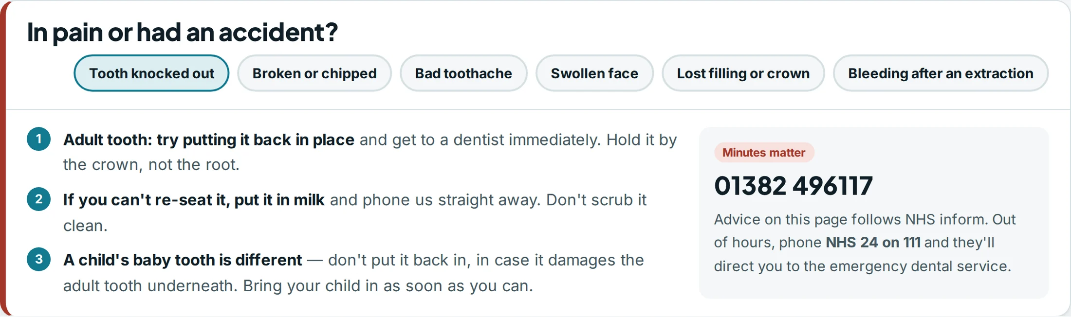 An urgent-care panel designed by Central Systems. Six symptoms run across the top, from a tooth knocked out to bleeding after an extraction; choosing one opens three numbered first-aid steps beside a panel giving the practice number and directing out-of-hours callers to NHS 24 on 111.