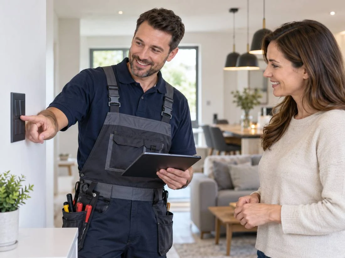 An electrician in work overalls standing in a customer&rsquo;s living room, pointing at a wall switch and explaining it to the homeowner beside him, a clipboard in his other hand.