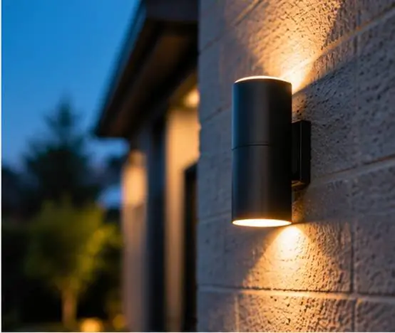 An outdoor wall light throwing warm light up and down a brick wall at dusk, with the garden behind it in blue evening shadow.