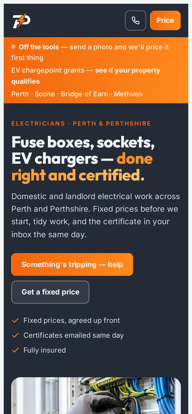 The same homepage on a phone. The header collapses to the logo, a call button and a price button; the hero headline, the two buttons and the reassurance list stack in a single readable column, with the photograph below them.