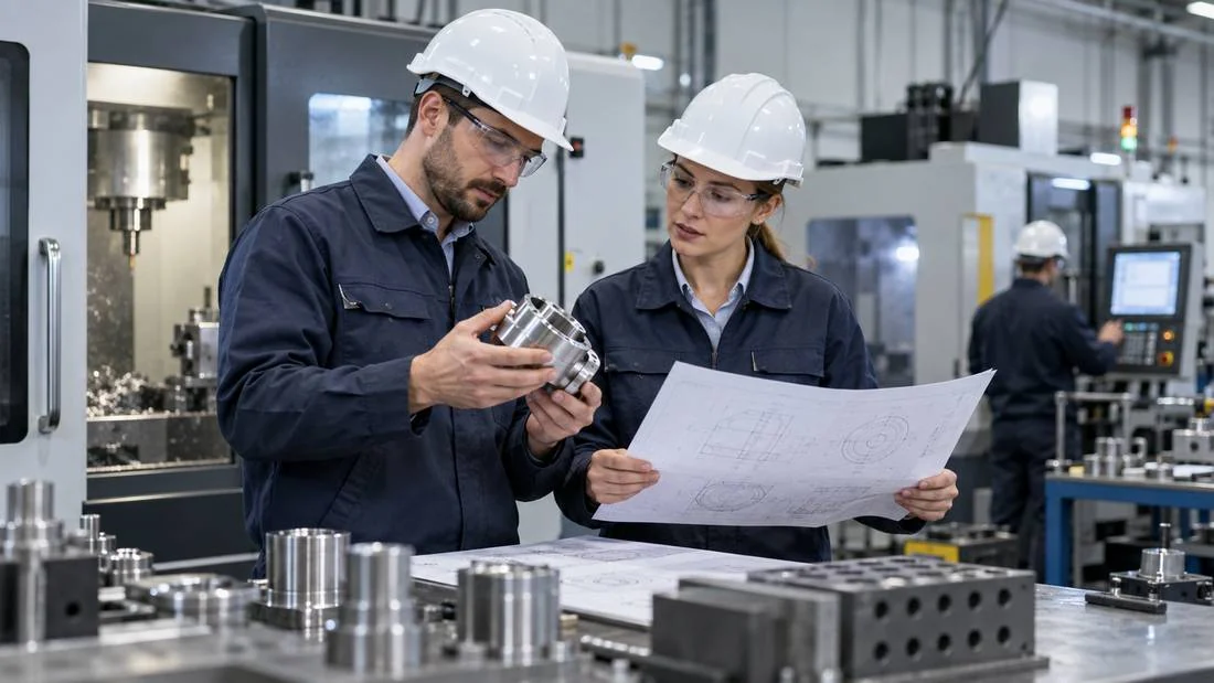 Two engineers at a bench comparing a machined component against a printed technical drawing, one of them pointing at a dimension on the sheet.