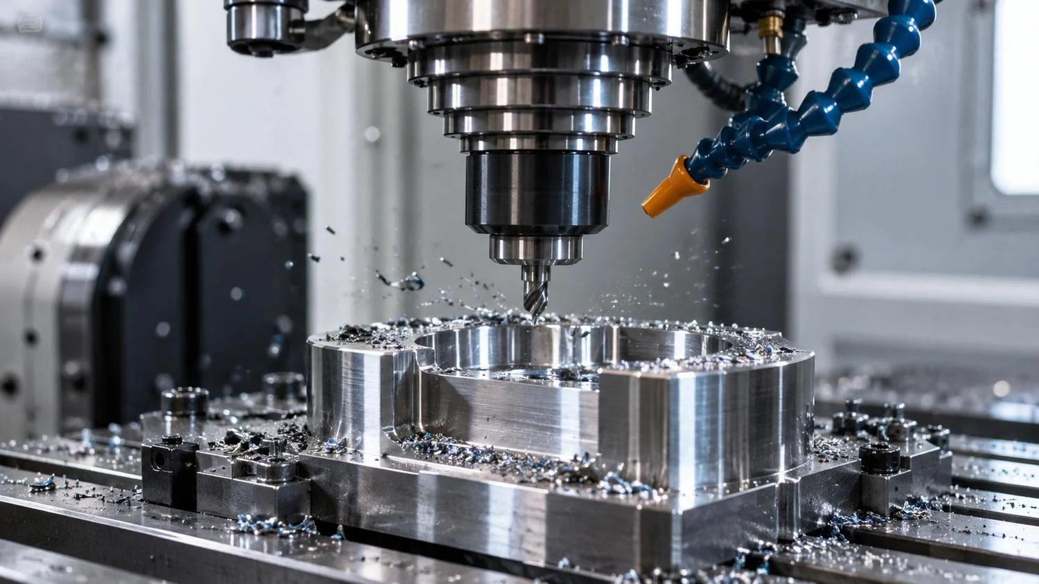 A solid carbide end mill cutting a steel component under flood coolant inside a machining centre, swarf curling away from the tool.