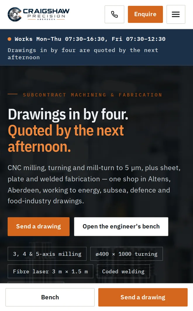 The same engineering website on a phone, the works hours, quoting turnaround and location stacked above the heading, with a call button fixed in the header.