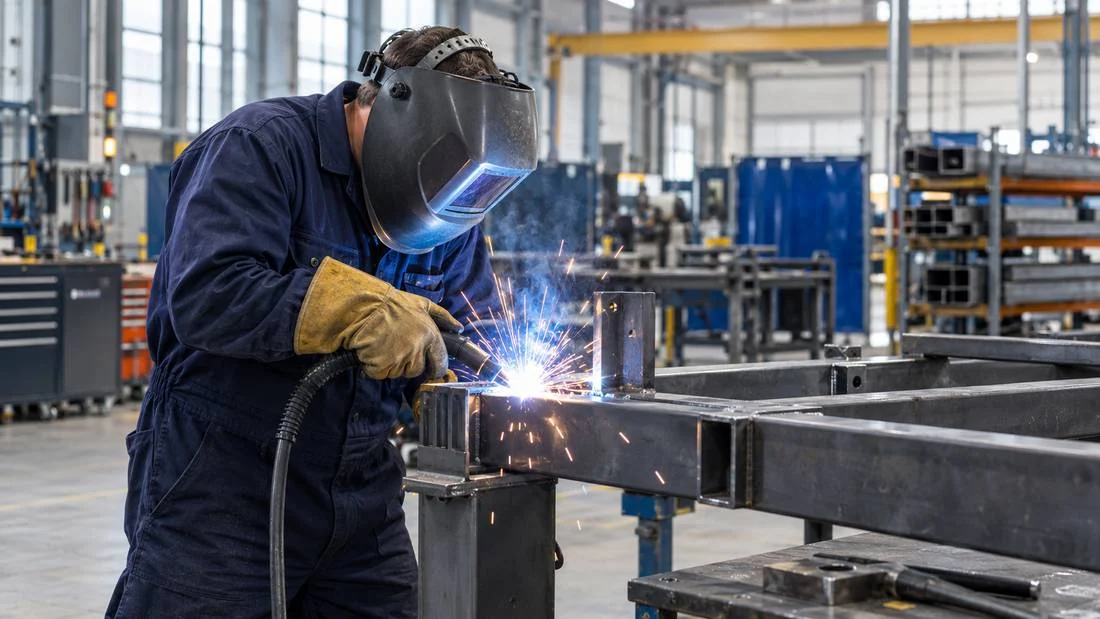 A welder in a leather gauntlet running a MIG weld along the corner joint of a steel frame, sparks and arc light spilling across the plate.
