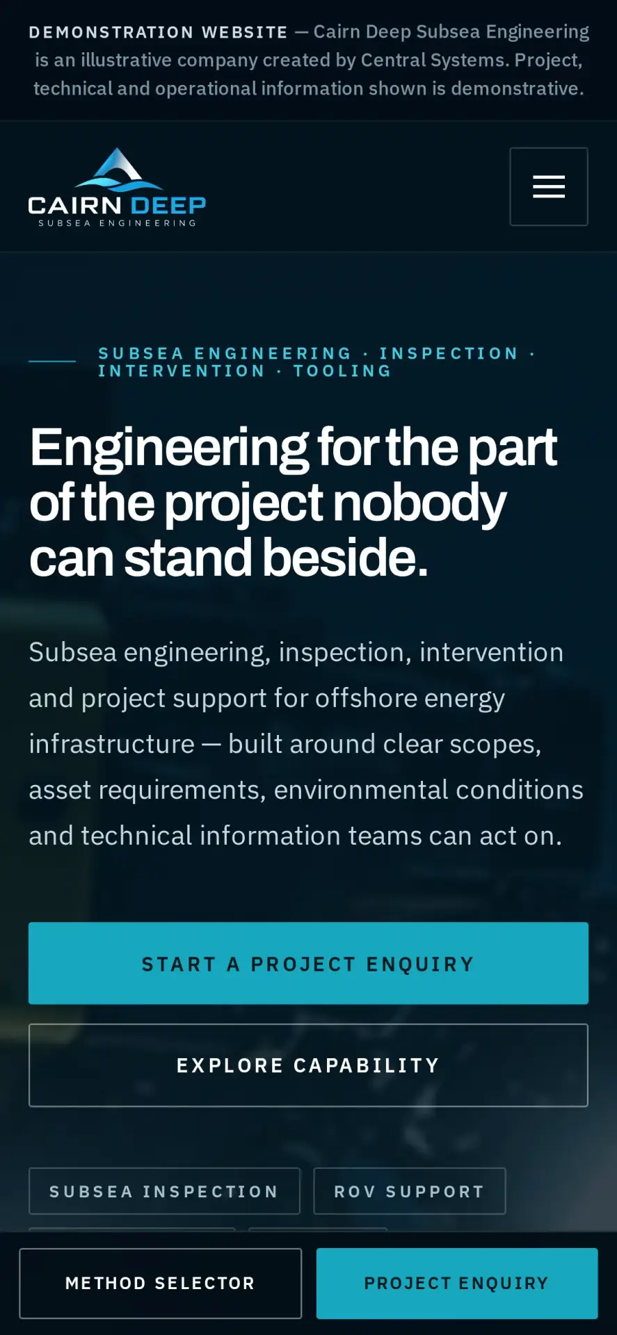 The same subsea engineering concept on a phone, with the headline, capability tags and the asset panel stacked in a single readable column.