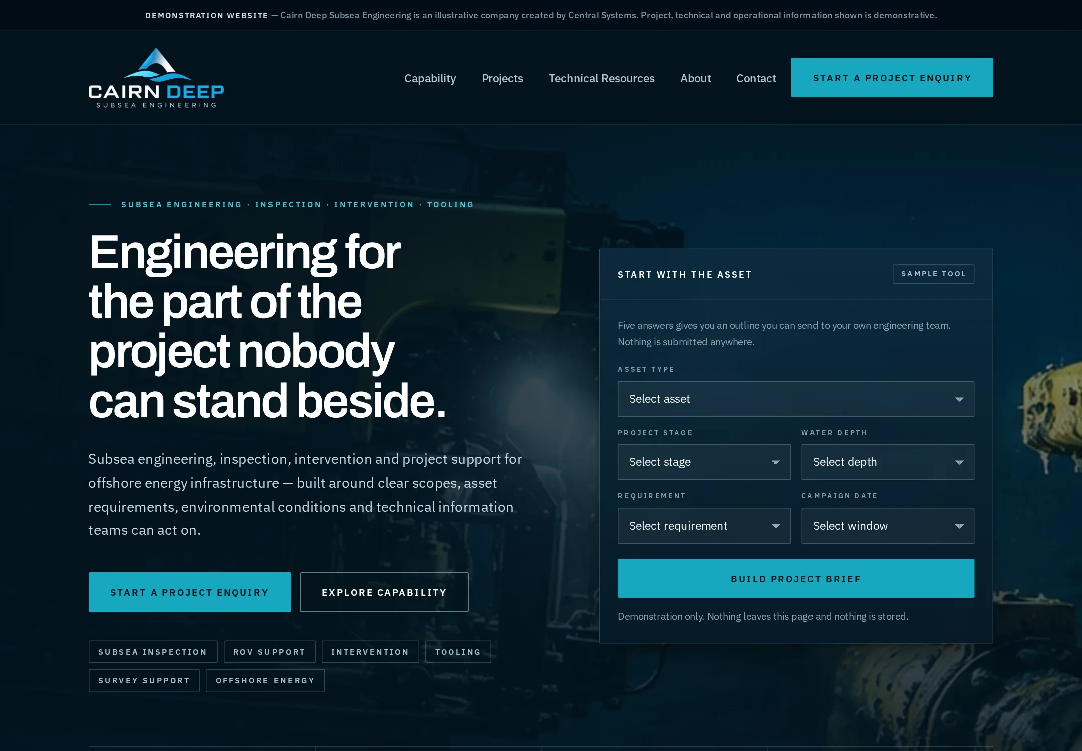 The homepage of a subsea engineering website concept: a work-class ROV using its manipulator arm on a pipeline connection, a headline about engineering the part of the project nobody can stand beside, and a five-field asset panel.