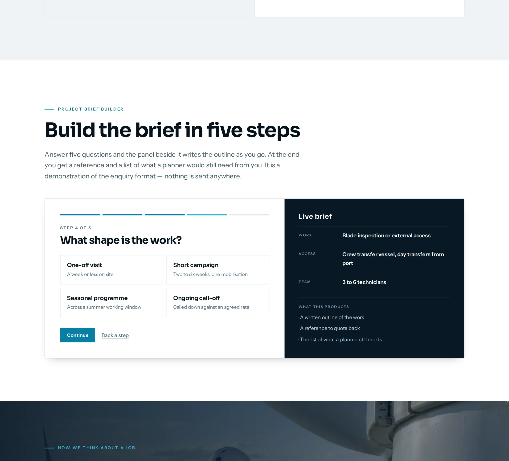 A five-step project brief builder on an offshore wind website concept, shown at step four asking what shape the work is, with a live brief panel beside it already carrying the type of work, the access method and the team size.