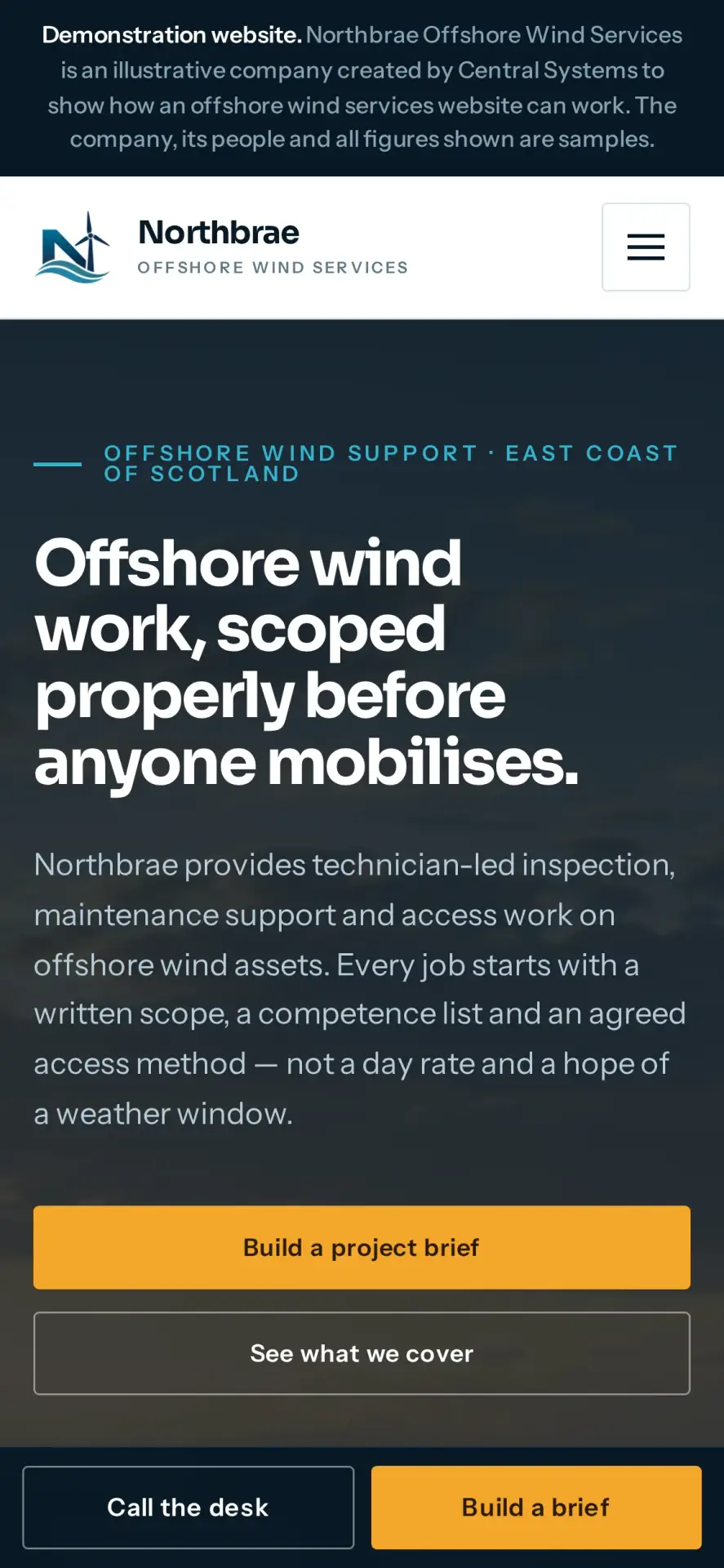 The same offshore wind concept on a phone, with the headline, the two calls to action and the project outline tool stacked in a single readable column.