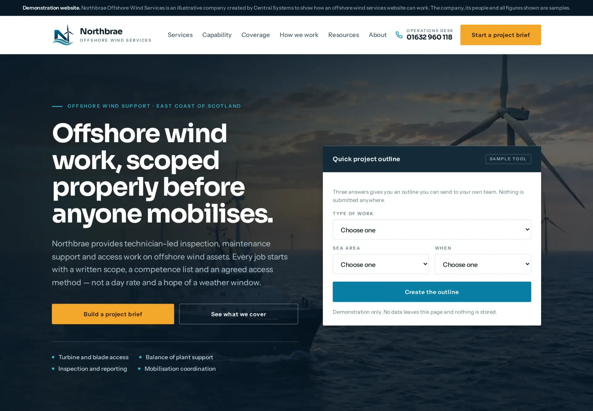 The homepage of an offshore wind services website concept: a service operation vessel alongside a turbine at dusk, a headline about scoping work before anyone mobilises, and a three-field project outline tool in the right-hand panel.