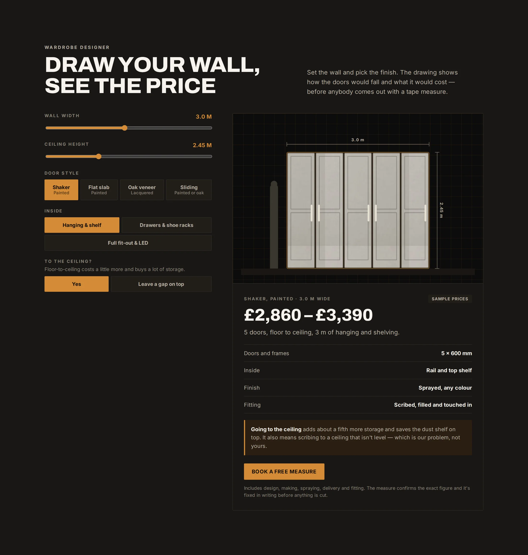 A wardrobe designer on a joinery website designed by Central Systems, headed draw your wall, see the price. Sliders set the wall width and ceiling height, buttons choose the door style and the interior, and a drawn elevation shows five doors with the dimensions marked. Beneath it a panel labelled sample prices gives a range, the door count, the finish and how the fitting is done.