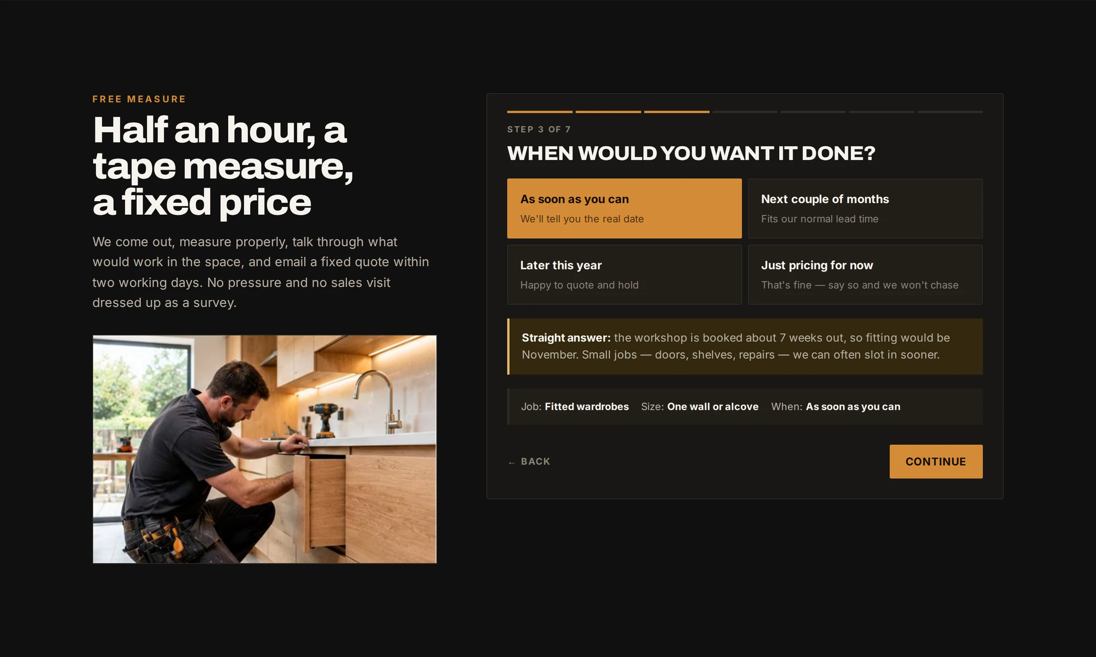 A booking section of a joinery website designed by Central Systems, headed half an hour, a tape measure, a fixed price. A short sequence of questions asks what the job is and which room it is in, with a progress indicator showing the step, beside a photograph of a joiner fitting kitchen units.