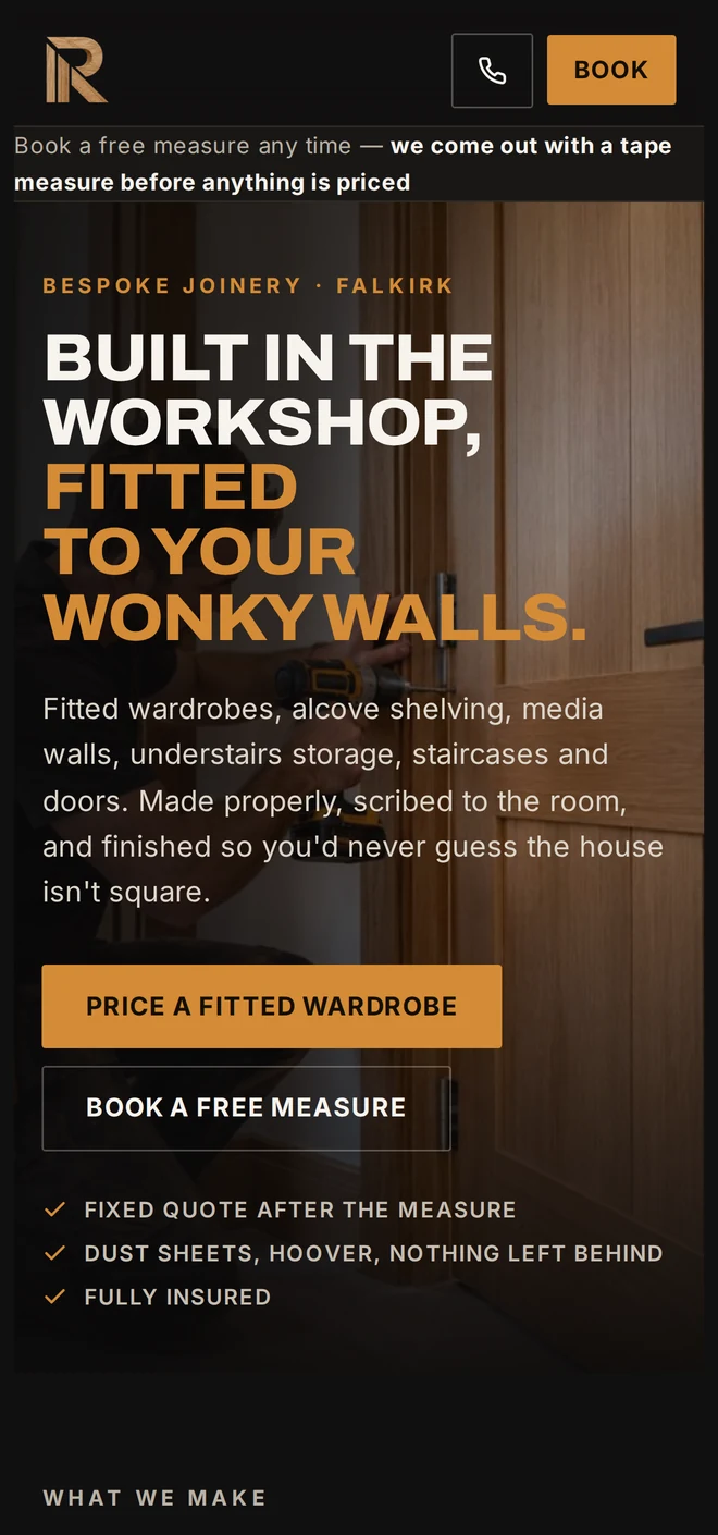 The same homepage on a phone. The header collapses to the firm name, a call button and a measure button, and the headline, the two buttons and the reassurance list stack into one readable column.