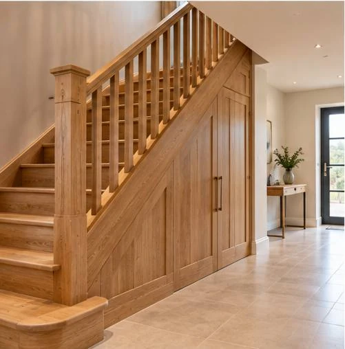 A finished oak staircase with turned newel posts and slatted panelling beneath it, running up from a pale tiled hallway.