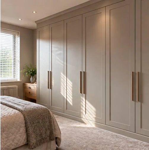 A run of painted fitted wardrobes along a bedroom wall, floor to ceiling, with slim vertical handles and morning light falling across the doors.