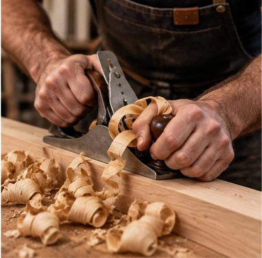 A pair of hands running a hand plane along a length of oak on a workshop bench, with a curl of shaving lifting off the blade and more gathered around it.