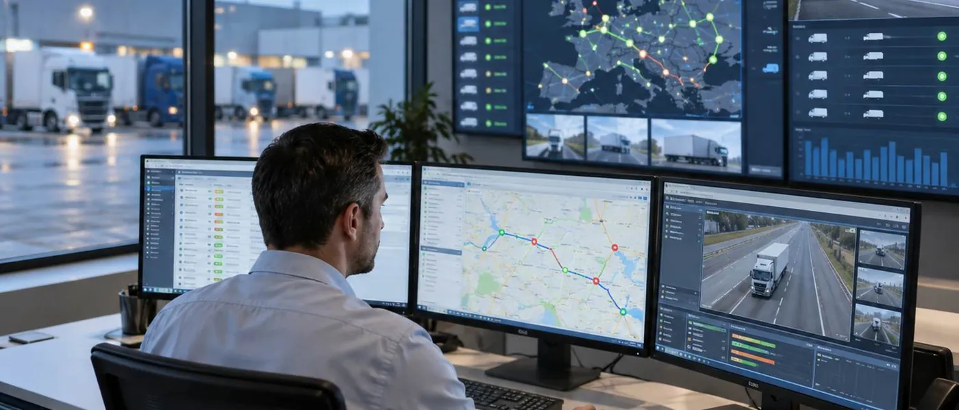 A transport control room, planning screens showing routes and vehicle allocation across several monitors.