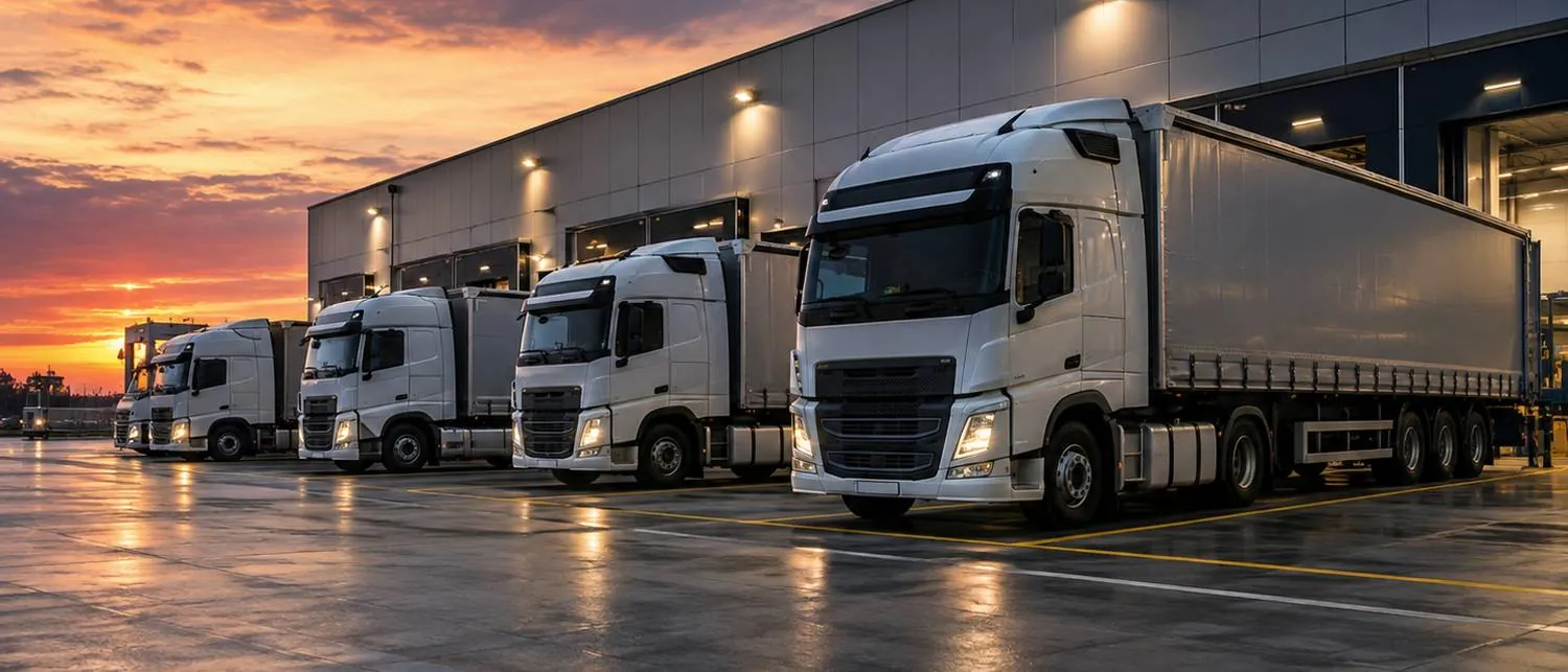 A lorry fleet parked up on a distribution centre yard at dusk, trailers backed onto the loading doors.