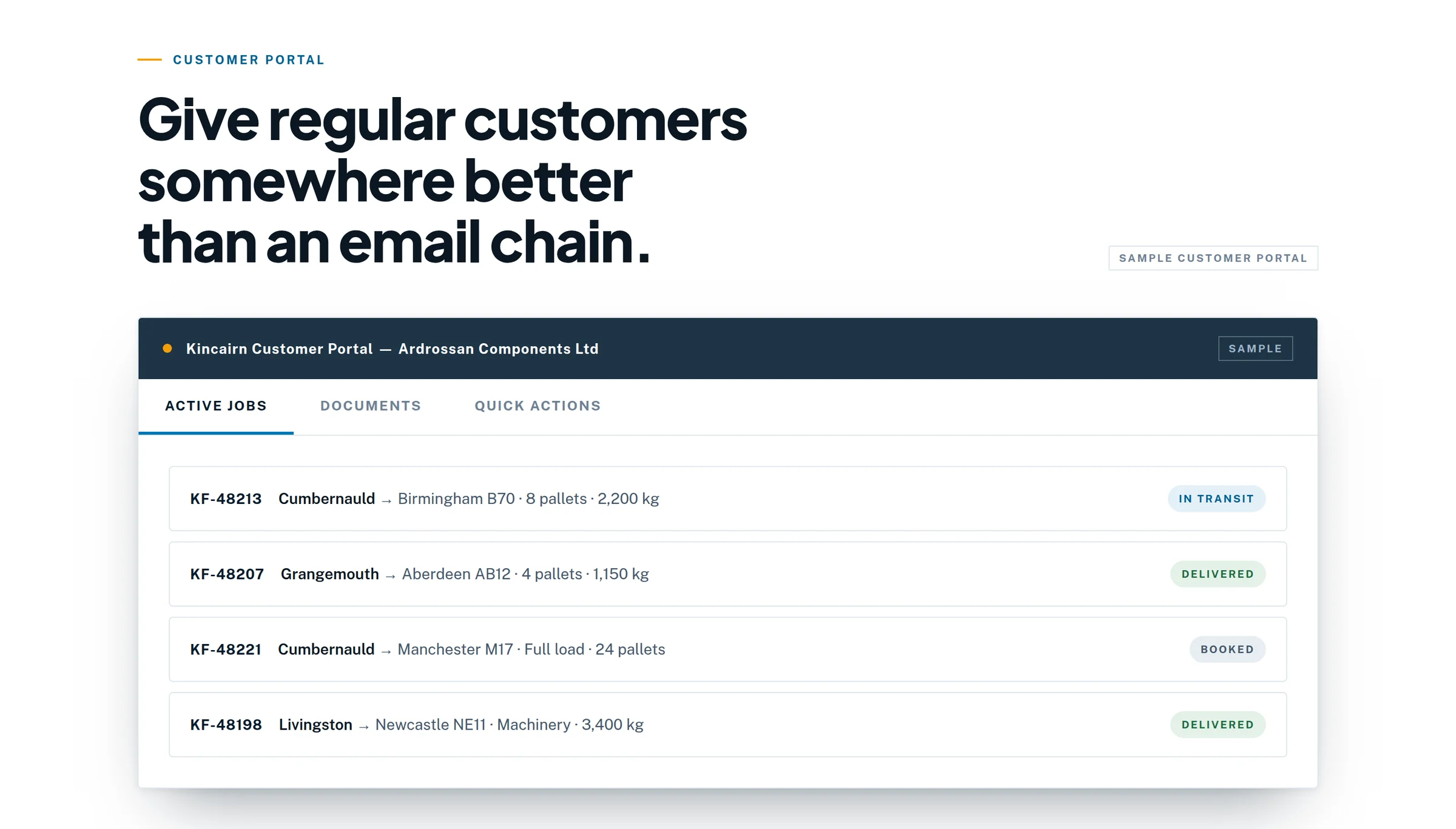 A customer portal on the logistics website concept, marked Sample, with tabs for active jobs, documents and quick actions. The active jobs tab lists four consignments by reference, each with its collection and delivery points, pallet count or load type and weight, and a status of in transit, delivered, booked or delivered.
