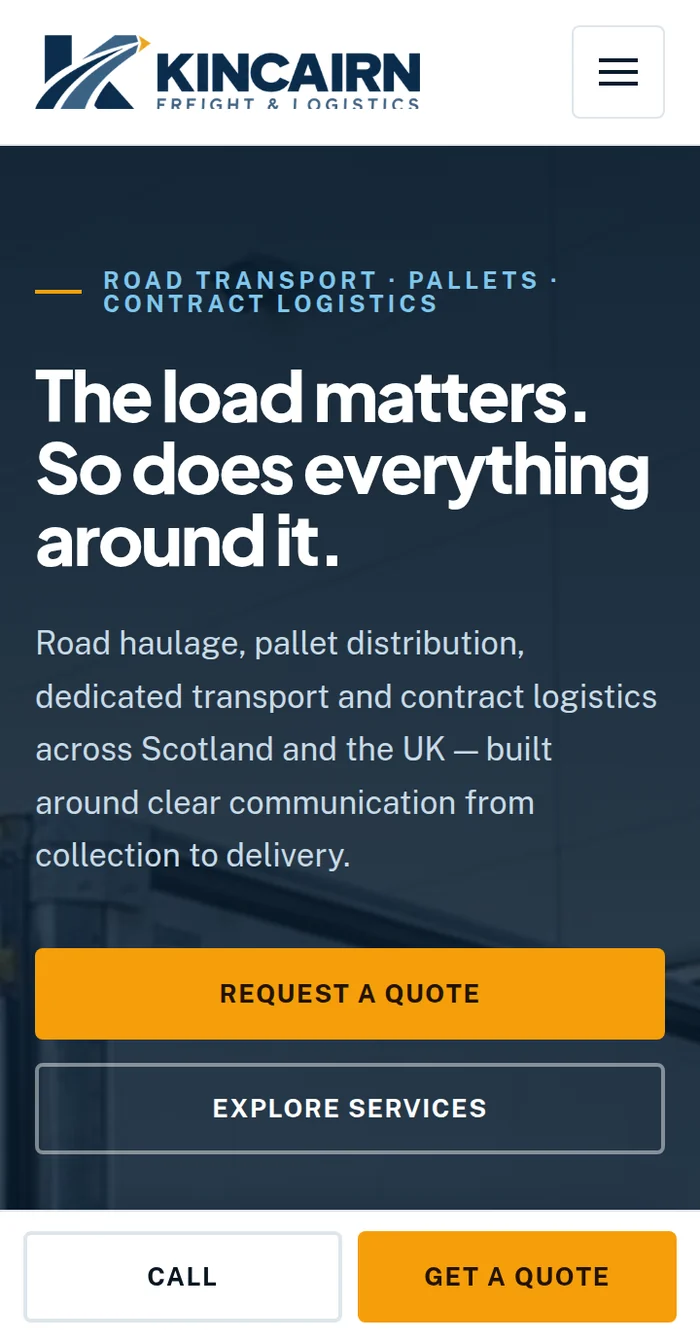 The same logistics website concept on a phone, with the services, the heading and both calls to action stacked, and a call and quote bar fixed to the bottom of the screen.