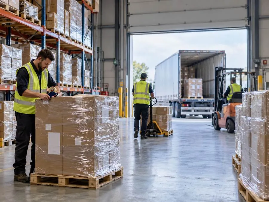 A warehouse operative wrapping a pallet ready for despatch beside racking and a loading dock.