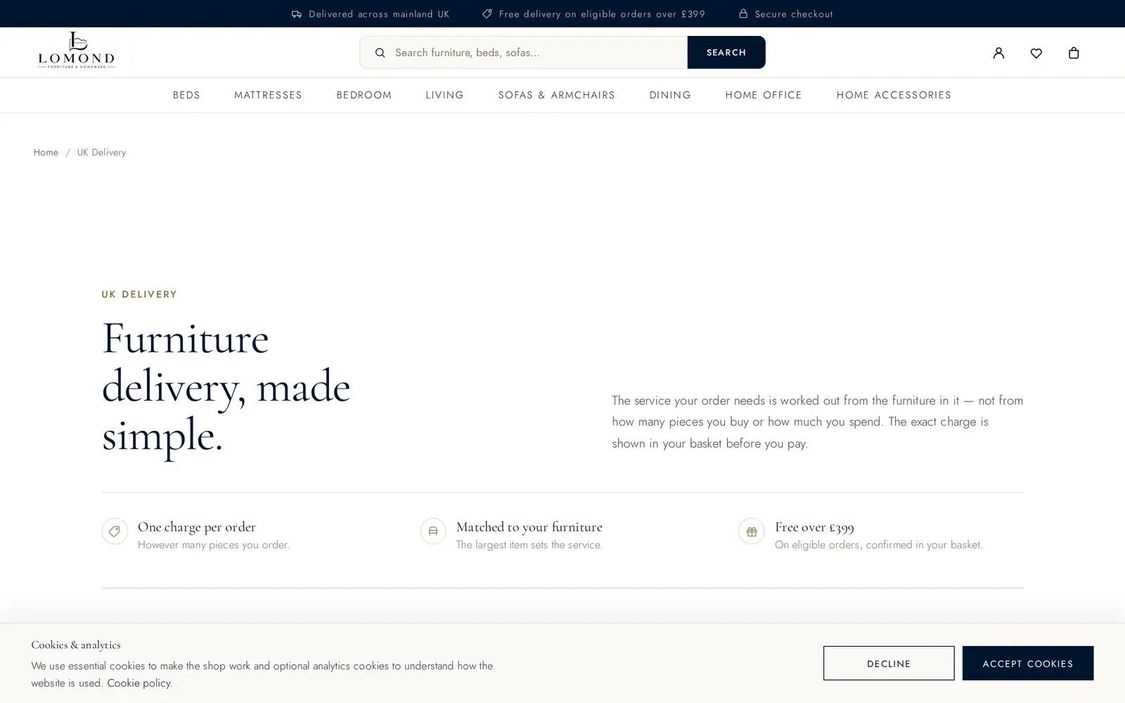 Lomond Furniture delivery page showing four delivery price tiers, a free delivery threshold and an explanation that delivery is charged once per order.