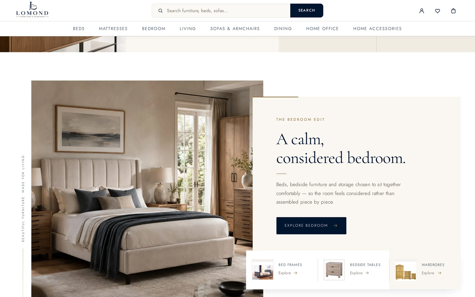 Lomond Furniture homepage section presenting the bedroom range, with quick links through to bed frames, bedside tables and wardrobes.
