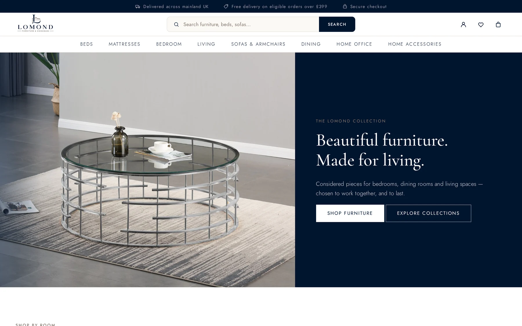 Homepage of Lomond Furniture & Homeware, a WooCommerce shop built by Central Systems, showing the search bar, category navigation and main collection banner.