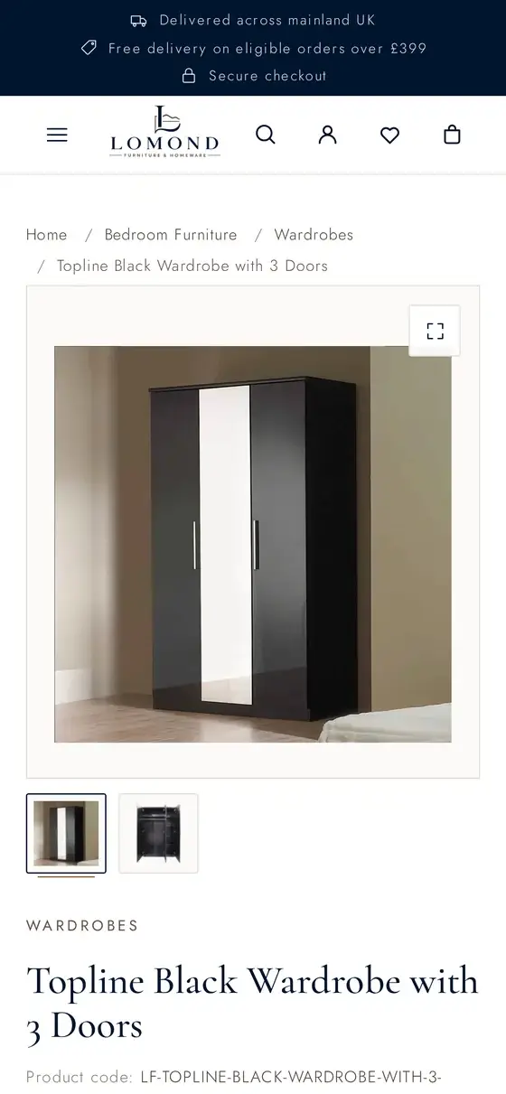The same Lomond Furniture product page shown on a mobile phone, with the image gallery, price and add-to-basket button stacked for a narrow screen.