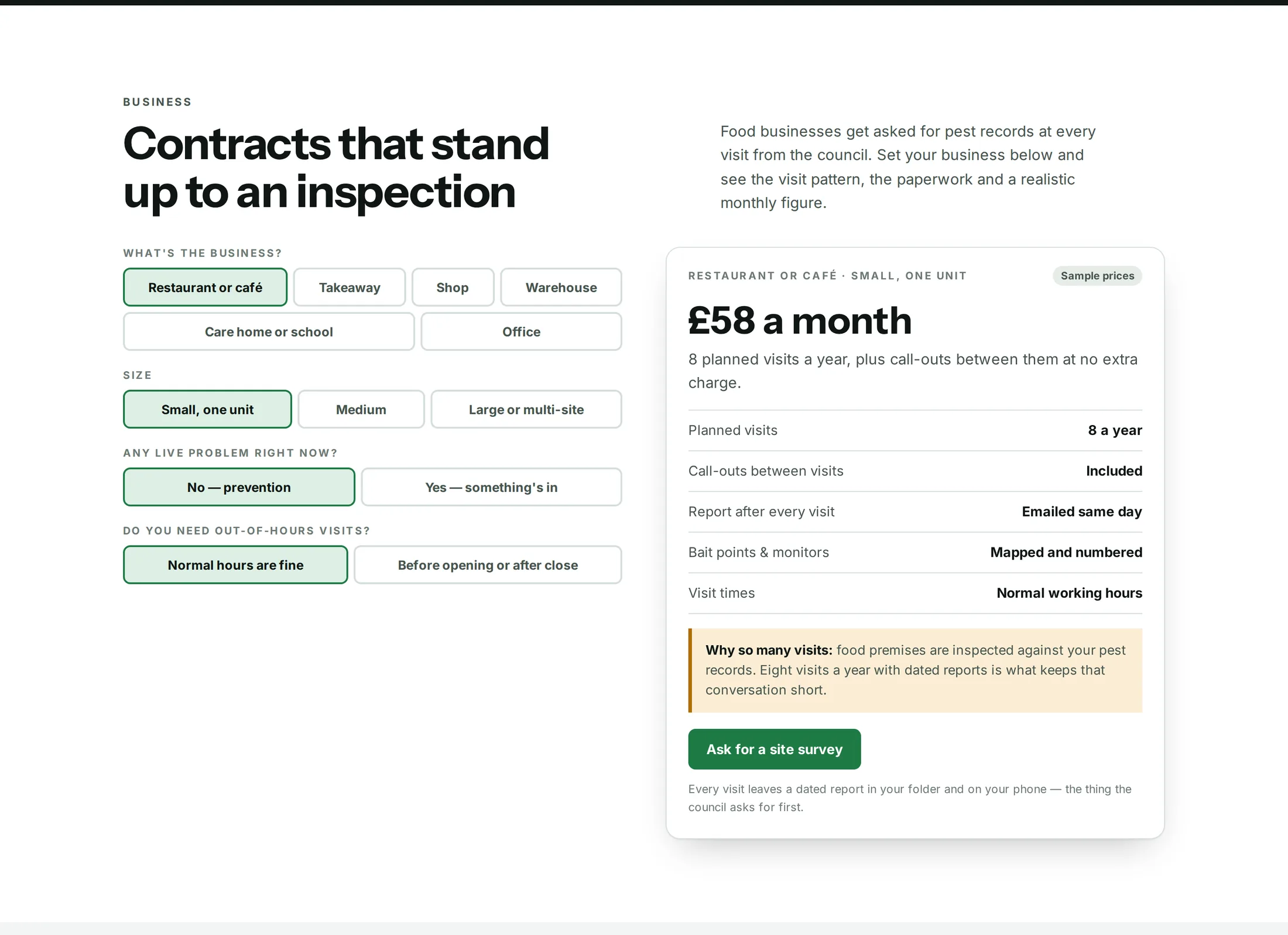 A commercial section of a pest control website designed by Central Systems, headed contracts that stand up to an inspection. Four questions set the premises type, size, whether there is a live problem and whether out-of-hours visits are needed; a panel labelled sample prices returns a monthly figure with the visit pattern, the reporting and the bait-point records listed beneath it.