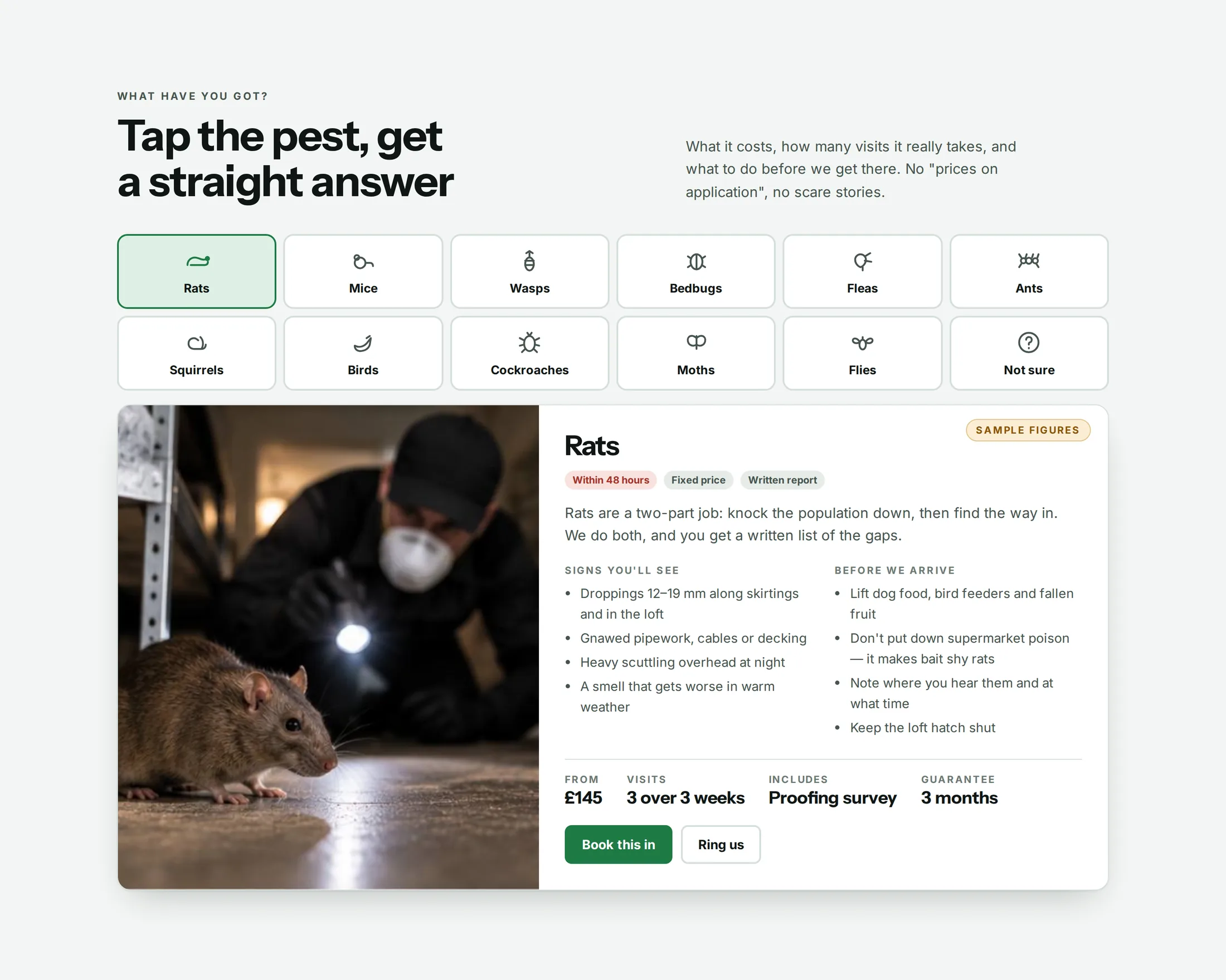 A section of a pest control website designed by Central Systems, headed tap the pest, get a straight answer. Twelve pests run across a grid including a not-sure option; the selected one opens a panel marked sample figures that gives the signs to look for, what to do before the visit, a from-price, the number of visits, what is included and the guarantee.