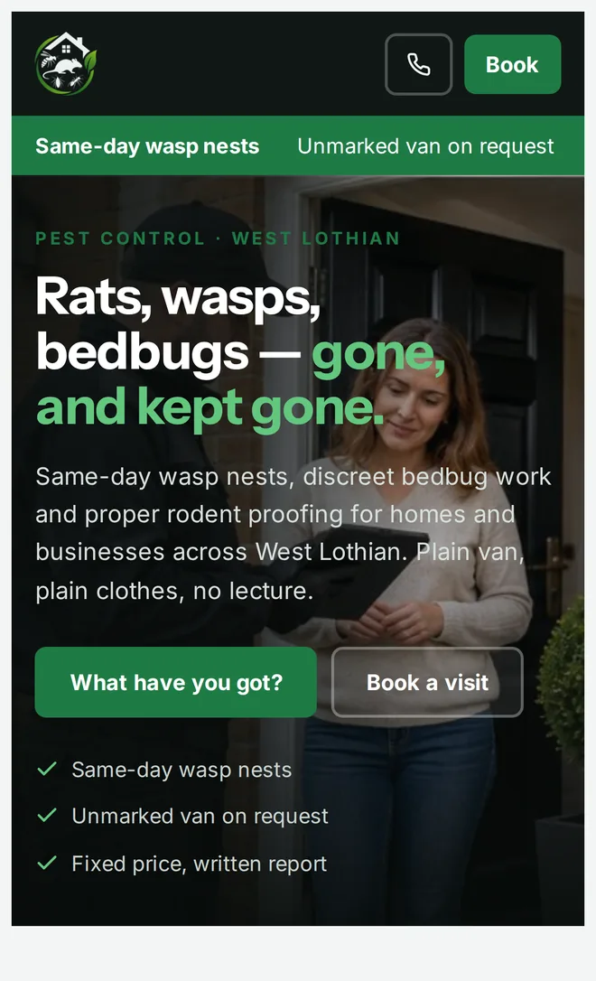 The same homepage on a phone. The header collapses to the logo, a call button and a book button, and the headline, the two buttons and the three reassurance lines stack into one readable column.