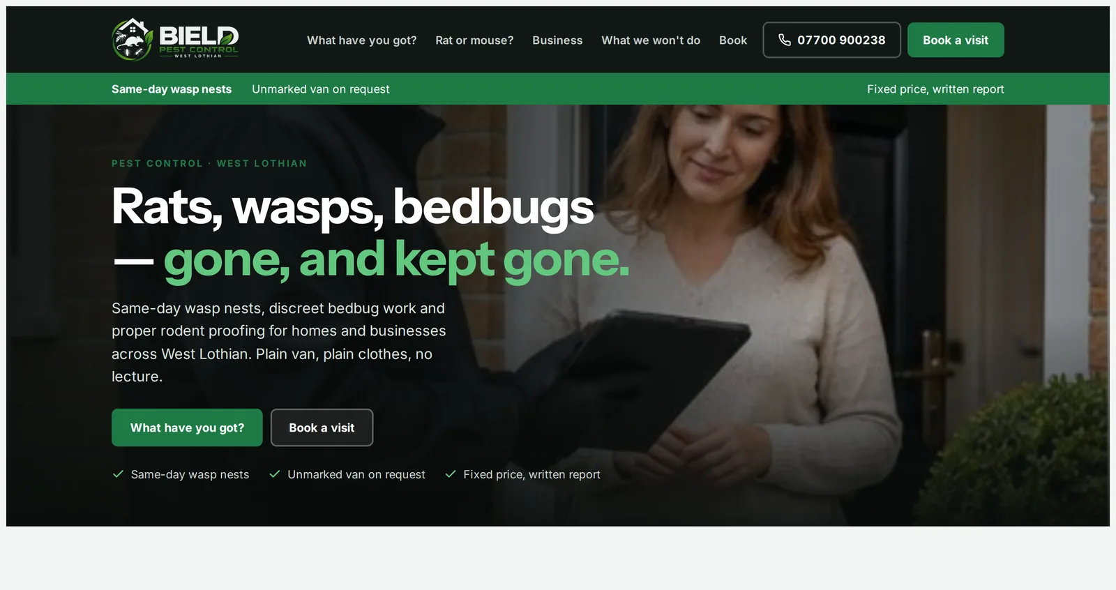 The homepage of a pest control website designed by Central Systems. A dark header carries the firm name, five navigation links, a phone number and a book-a-visit button, above a green strip promising same-day wasp nests and an unmarked van on request. The hero reads rats, wasps, bedbugs &mdash; gone, and kept gone, over a photograph of a technician at a customer&rsquo;s door.
