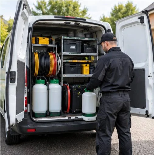 The open back doors of a plain white van on a residential street, its racking loaded with sprayers, hose reels and labelled cases, and a technician in unbranded black workwear lifting one out.