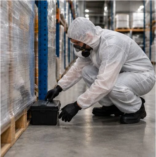 A technician in a white coverall and respirator crouching at the end of a warehouse racking aisle, setting a bait box down against the base of the shrink-wrapped pallets.