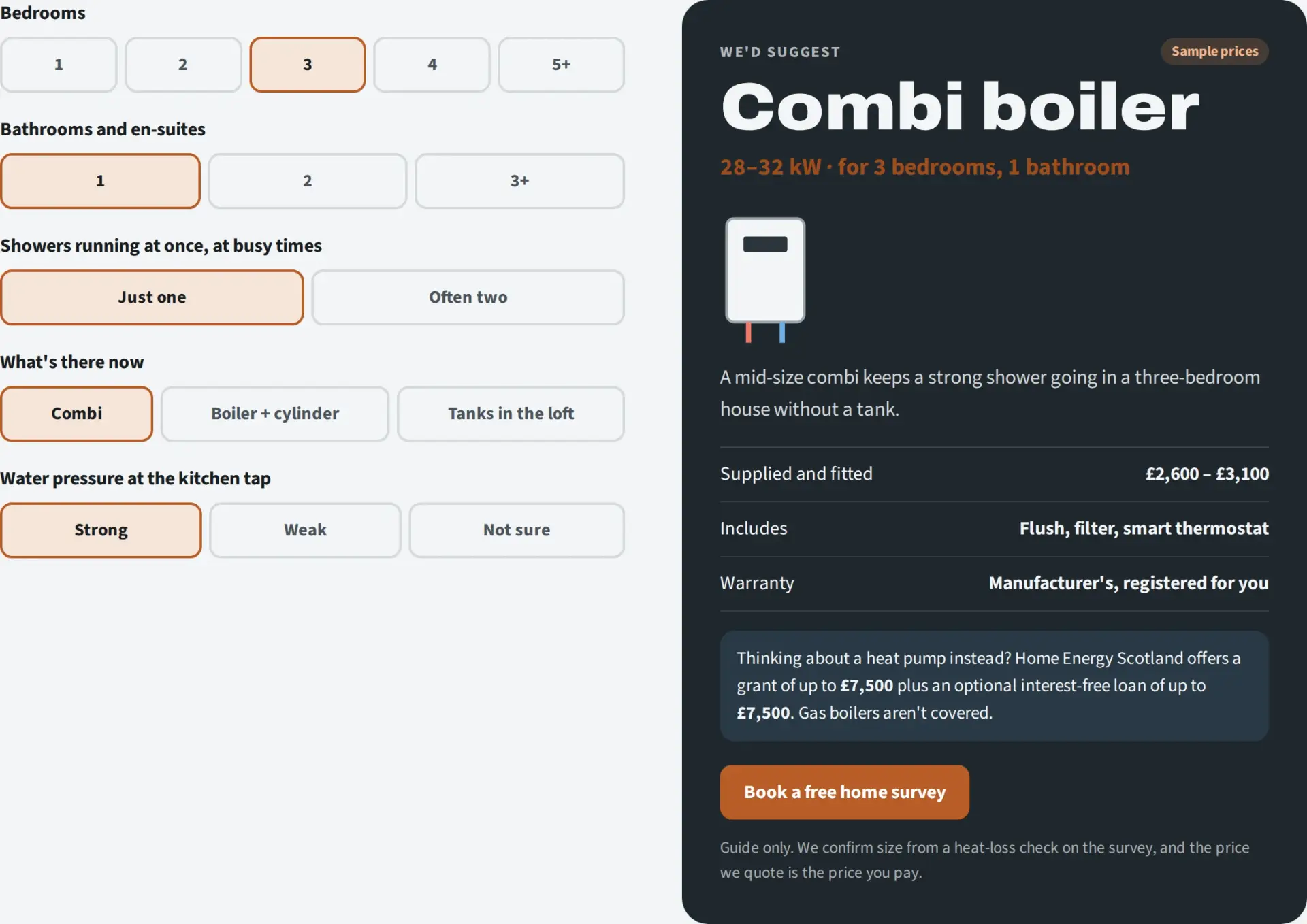 A boiler sizing tool designed by Central Systems: four questions covering bedrooms, bathrooms, simultaneous showers, the existing system and mains pressure, producing a suggested boiler type and output range alongside an indicative price band, what the work includes, and a note that the survey confirms the specification.