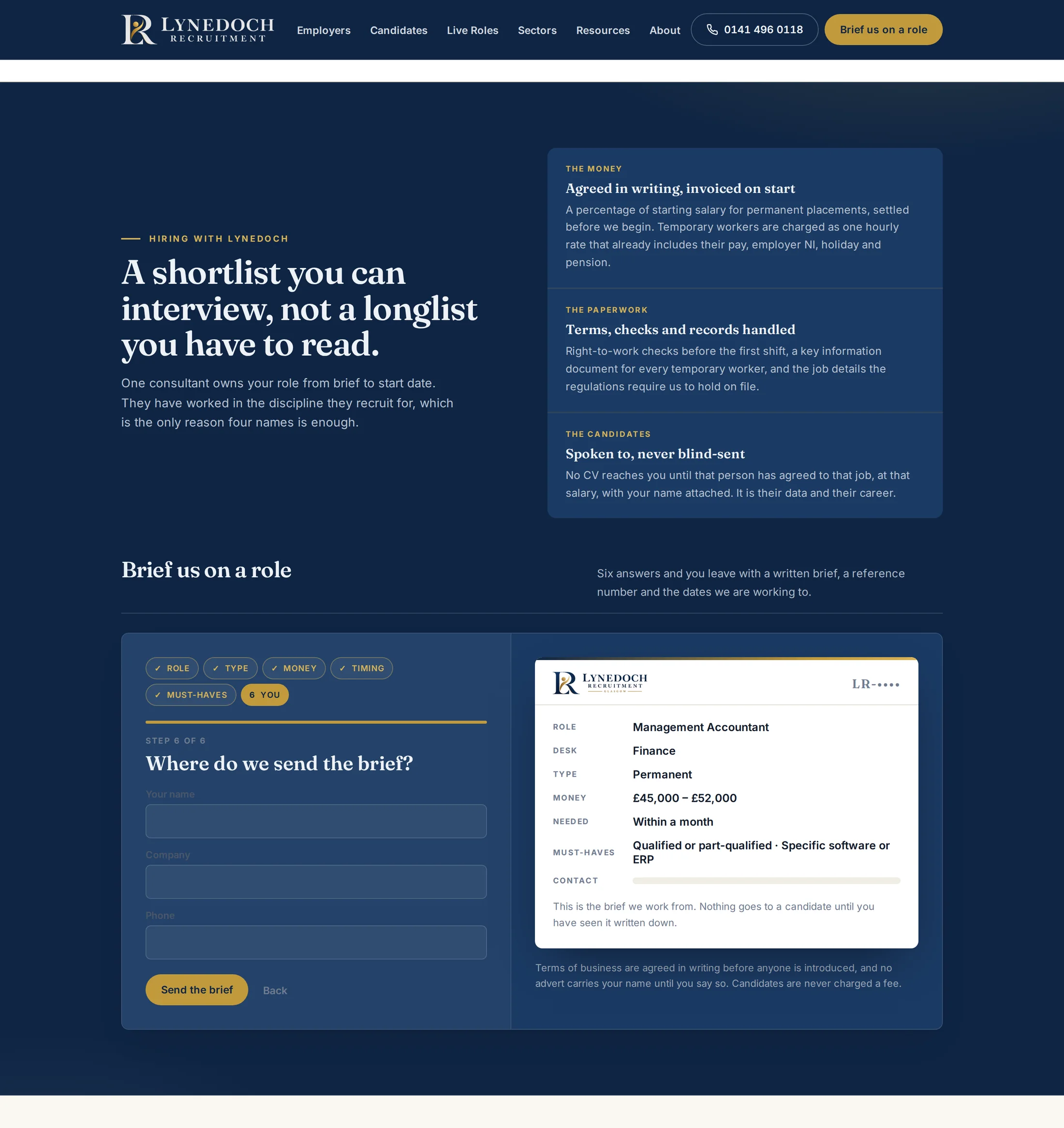 The same recruitment website with its navigation bar across the top, scrolled to a dark section headed brief us on a role. On the left a six-step form sits on its final step asking for name, company and phone, with the five completed steps ticked above it. On the right a document builds up alongside, showing the role as management accountant, the desk as finance, the type as permanent, a salary band, a timescale of within a month, and two must-haves, with the contact line still blank.