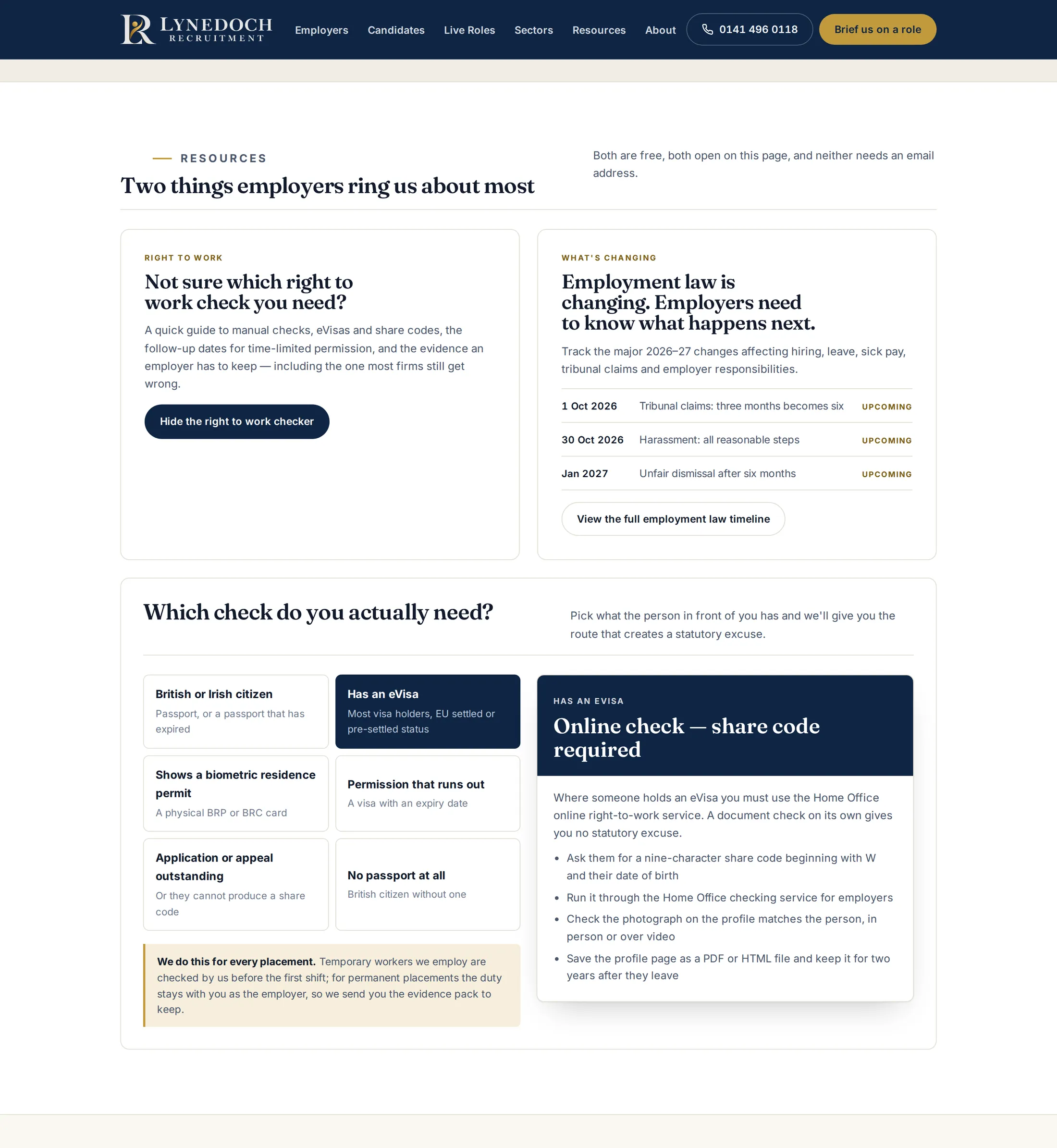 The same recruitment website with its navigation bar across the top, scrolled to a resources section holding two cards: a right-to-work checker and an employment law timeline listing three dated changes. Beneath them an opened panel headed which check do you actually need offers six situations; the eVisa option is selected and the panel beside it returns an online check requiring a share code, explaining that a document check on its own gives no statutory excuse, above four steps covering the nine-character share code, the Home Office checking service, matching the photograph to the person, and keeping the profile for two years.