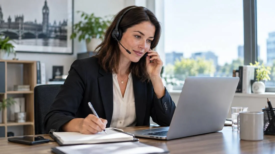 A recruitment consultant at a desk in a bright office, wearing a telephone headset, taking handwritten notes in a ring-bound pad with a laptop open beside her.