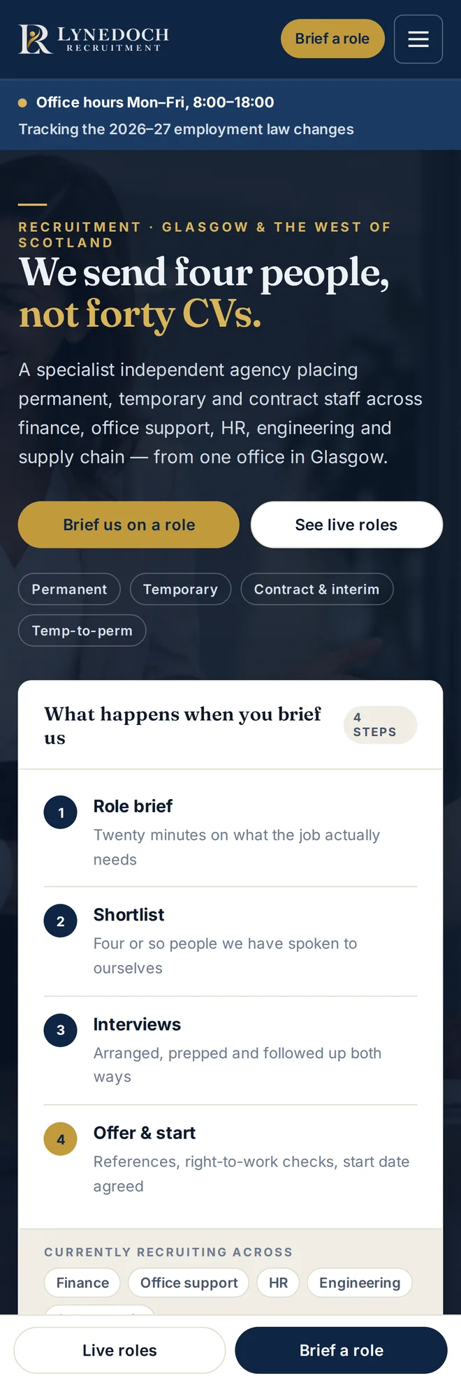 The same page on a phone: the header collapses to the agency name, a call-to-action and a menu button, and the hero stacks into a single column with the headline, the summary paragraph, both buttons and the four contract-type tags beneath it.