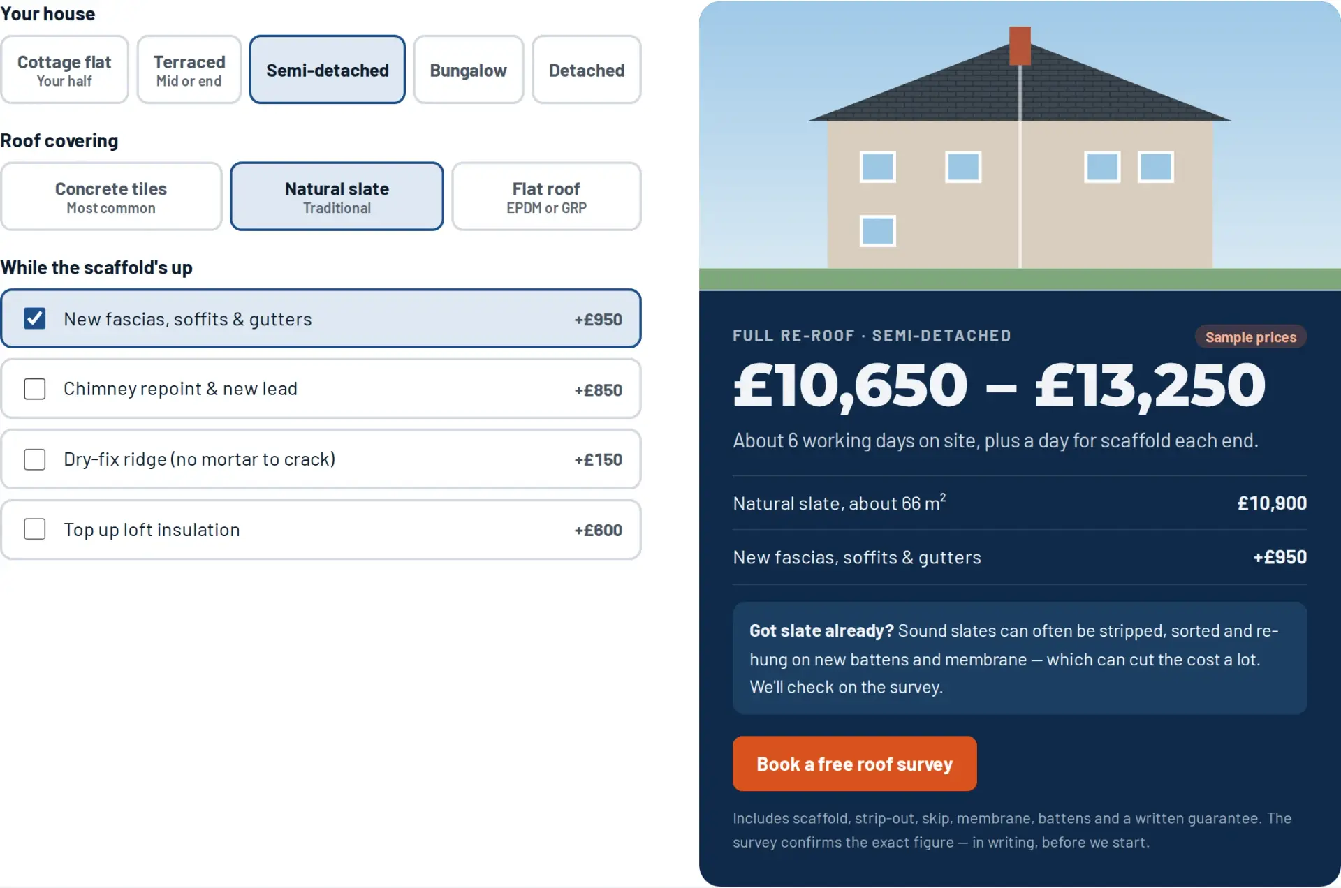A re-roof estimating panel designed by Central Systems: the owner picks their house type, roof covering and any extras to do while the scaffold is up, and the panel returns a price range, the number of days on site and an itemised breakdown, labelled as sample prices.
